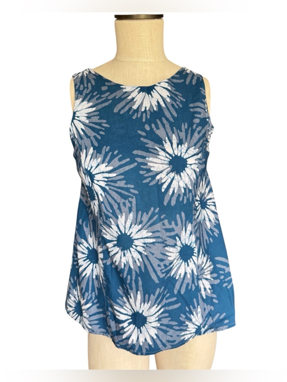 GLOBAL MAMAS Handmade In Ghana Fair Trade Blue Floral Cotton Tunic Tank Sz S